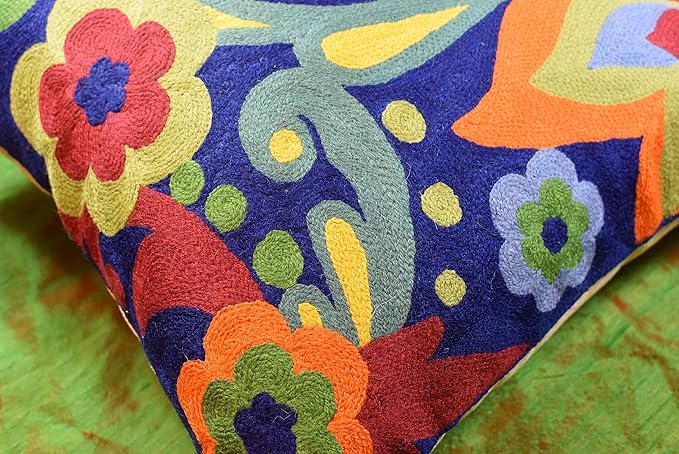 Blue Floral Pillow Cover | Navy Flower Throw Pillow | Outdoor Suzani Cushions | Hand Embroidered Chair Cushion | Wool Size - 18x18
