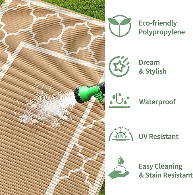 GENIMO 9' x 12' Outdoor Rug for Patio Clearance, Waterproof Indoor Outdoor Plastic Straw Rugs Carpet, Reversible Outside Area Rv Mat for Camping, Balcony Porch, Deck, Picnic, Beach (Brown & Beige)