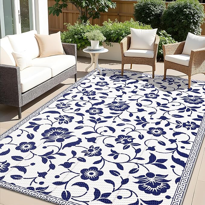 OLANLY Waterproof Outdoor Rug 5x8 ft, Outdoor Plastic Straw Rug with Flower Pattern, Reversible RV Mat for Patio, Camping, Balcony, Deck, Backyard, Navy & White