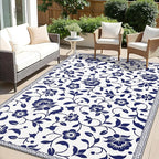 OLANLY Waterproof Outdoor Rug 5x8 ft, Outdoor Plastic Straw Rug with Flower Pattern, Reversible RV Mat for Patio, Camping, Balcony, Deck, Backyard, Navy & White