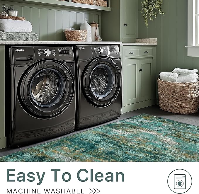 Machine Washable Rug 9x12 Area Rugs for Living Room Bedroom, Large Turquoise Abstract Area Rug Soft Throw Rugs, Low-Pile Floor Carpet with Non Slip Rubber Backing