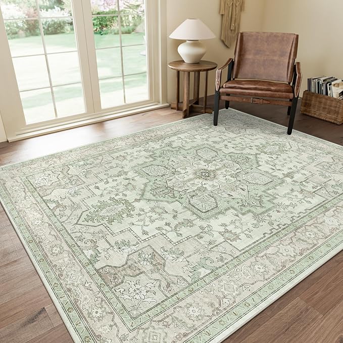 GENIMO 9x12 Runner Rugs for Hallway, Machine Washable Non Slip Vintage Rugs, Low Pile Lightweight Soft Print Rug for Enrtyway, Corridor, Home Office, Kitchen, Oat Light