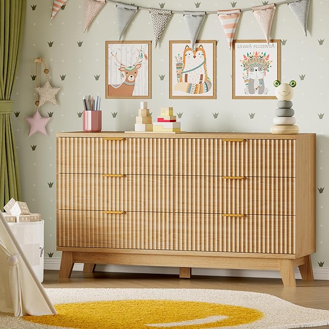 53" Long Dresser for Bedroom, 6-Drawer Dresser with Fluted Fronts, Wide Wood Chest of Drawers, Smooth Metal Slides, Stable Base, Modern Clothes Storage Cabinet for Living Room, Hallway