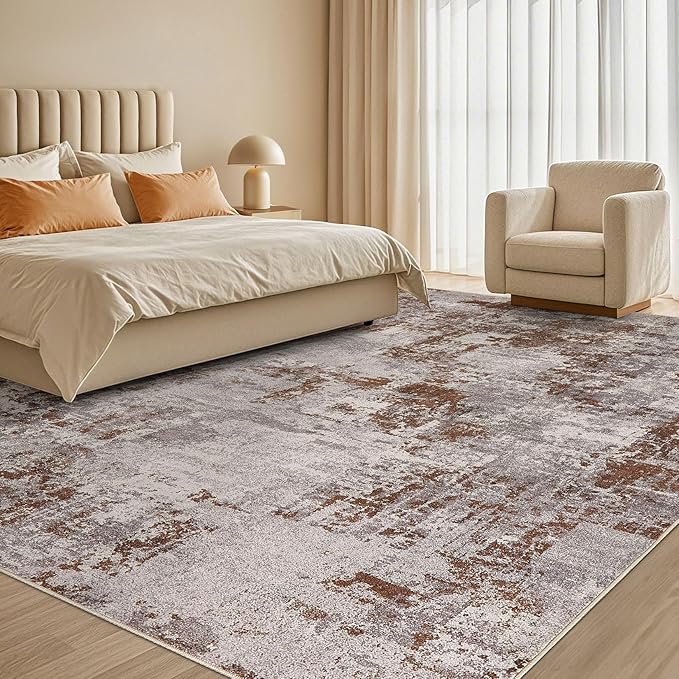 Tortania Washable 10x13 Area Rug for Living Room: Modern Abstract Neutral Large Soft Thin Rugs - Non Slip Indoor Carpet for Bedroom Dining Room Office Nursery Home Floor Decoration - Brown