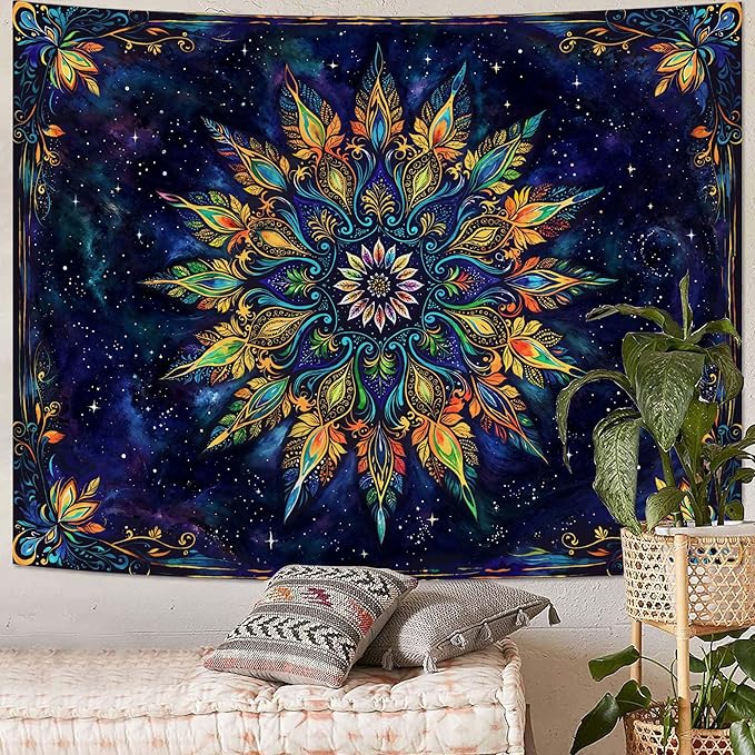 Fowocu Boho Floral Mandala Tapestry for Bedroom Aesthetic Blue Bohemian Colorful Flower Wall Tapestry Purple Hippie Indian Small Tapestries Wall Hanging for Living Room Dorm Decor 60 x 44 Inch