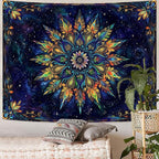 Fowocu Boho Floral Mandala Tapestry for Bedroom Aesthetic Blue Bohemian Colorful Flower Wall Tapestry Purple Hippie Indian Small Tapestries Wall Hanging for Living Room Dorm Decor 60 x 44 Inch