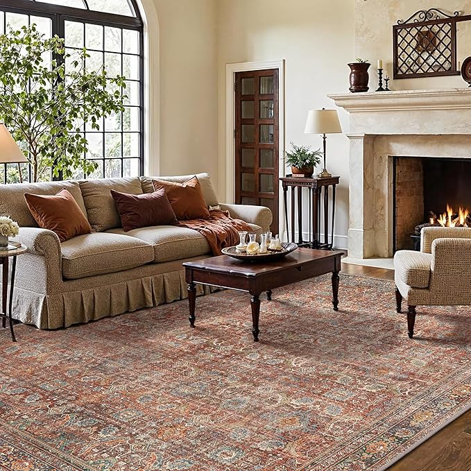 GENIMO 4x6 Area Rugs for Living Room, Machine Washable Non Slip Vintage Rugs, Low Pile Lightweight Chenille Print Rug for Bedroom, Dining Room, Home Office, Terracotta Indigo