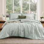 Full Comforter Set -7 Pieces Green Floral Comforter Set for All Seasons, Bed in a Bag Full with Botanical Flowers Comforter, Sheets, Pillowcases & Shams