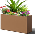 FENCY Metal Rectangular Planter Box, Large Planters for Outdoor Plants, Tall Planters for Outdoor Plants with Drainage Holes (32" L x 10" W x 16.3" H,Brown)
