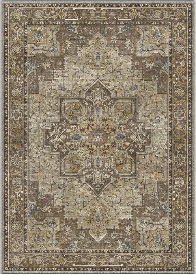 GENIMO 9x12 Area Rugs for Living Room, Machine Washable Non Slip Vintage Rugs, Low Pile Lightweight Chenille Print Rug for Bedroom, Dining Room, Home Office, Rustic Brown