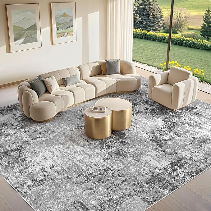 Tortania Washable 8x10 Area Rug for Living Room: Modern Abstract Neutral Large Soft Thin Rugs - Non Slip Indoor Carpet for Bedroom Dining Room Office Nursery Home Floor Decoration - Grey