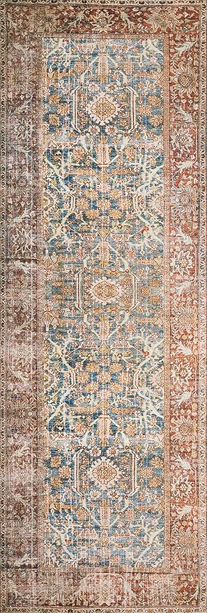 Loloi Layla Collection LAY-04 Ocean/Rust 2'-6" x 7'-6" .13" Thick Runner Rug, Soft, Durable, Vintage Inspired, Distressed, Low Pile, Non-Shedding, Easy Clean, Printed, Living Room Rug