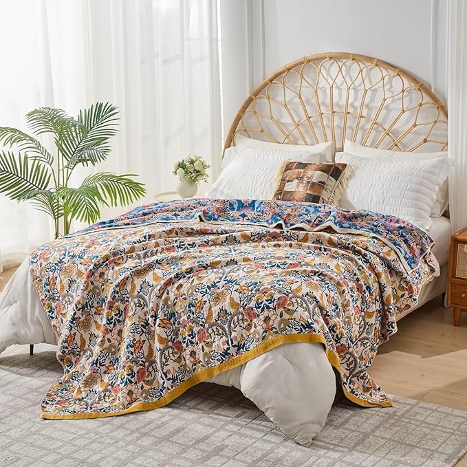 Boho Throw Blanket Reversible Cotton Bohemian Tapestry,100% Cotton Throw Blanket for Couch,Sofa,Chair,Lightweight Summer Quilt Soft 4-Layer Muslin Blanket for Farmhouse,Picnic Decor 50"x60"