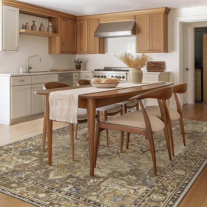 GENIMO 8x10 Area Rugs for Living Room, Machine Washable Non Slip Vintage Rugs, Low Pile Lightweight Chenille Print Rug for Bedroom, Dining Room, Home Office, Rustic Brown