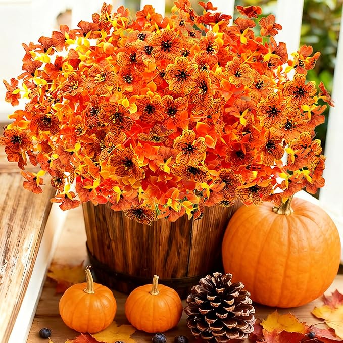 Artificial Fall Flowers for Outdoors, 10 Bundles Artificial Plants UV Resistant Fall Fake Plants for Outside Halloween Christmas Porch Decoration Fall Decor(Orange(Eucalyptus))