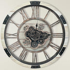 DORBOKER 24" Large Wall Clock with Moving Gears,Oversize Vintage Industrial Rustic Farmhouse Clocks for Living Room Decor Office Home,Solid Wood Retro Metal HD Tempered Glass Cover,Desert Beige