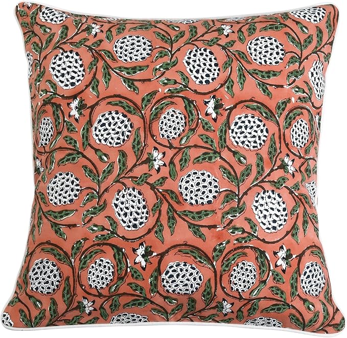 Ridhi Dark Salmon Pink Block Print Cotton Canvas Throw Pillow Covers for Decorative Couch Pillows for Living Room, Chic Boho Cute Outdoor Valentine Pillows Covers Gifts 18x18 Inches