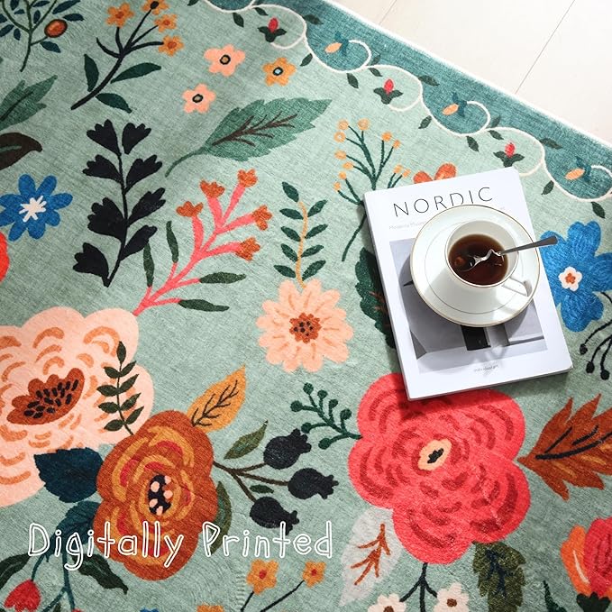 Round Rug 4ft Washable Circle Rug Non Slip Low Pile Boho Floral Small Circular Rug for Bedroom, Bathroom, Entryway, Kids Room, Office, College Dorm(Green)