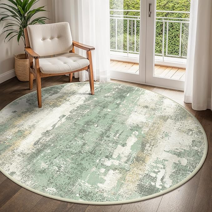 Round Rugs 8FT for Living Room Bedroom, Modern Abstract Machine Washable Circle Rug, Soft Low Pile Floor Cover with Non Slip Backing for Dining Room, Light Green