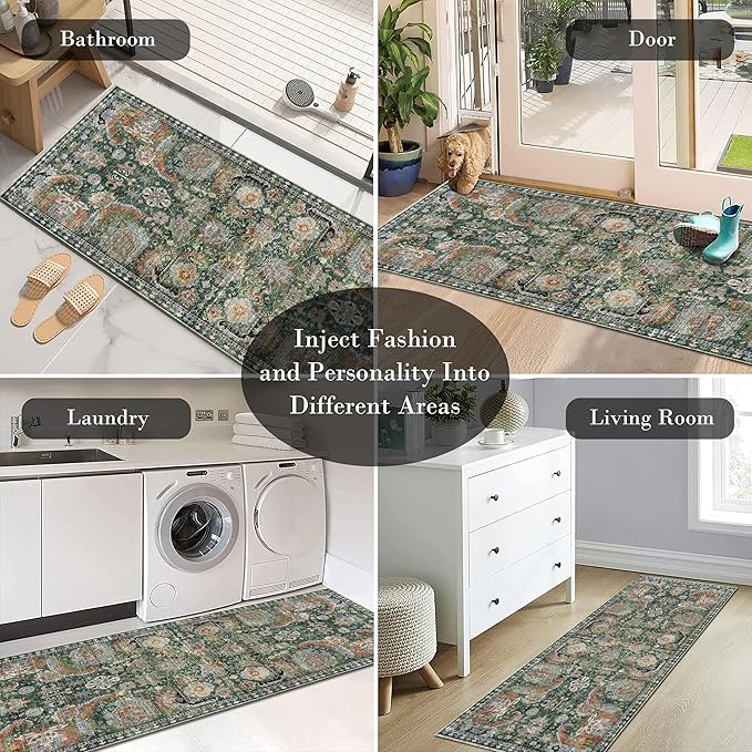 RUGSURE Washable Area Rugs - Perfect for Living Room, Bedroom, Kids Room, Nursery - Stain & Water Resistant Non-Slip, Pet & Child Friendly, Vintage Tribal Area Rugs (Green, 2'6'' x 8')