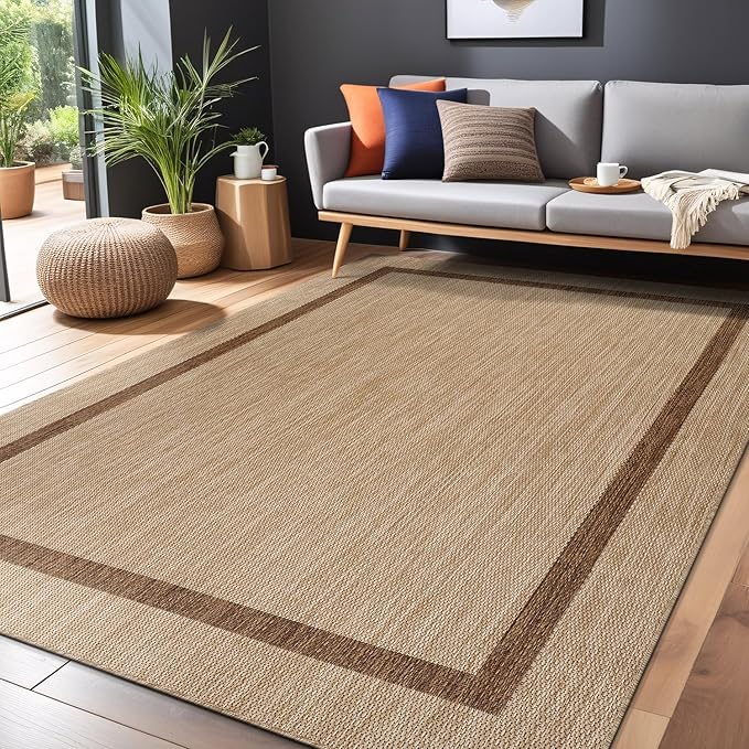 Bordered Outdoor Rug 9x12 Washable Outside Carpet for Indoor Patio Porch Waterproof Easy Cleaning Non Shedding Area Rugs Jute Beige - Nut Brown 9 x 12
