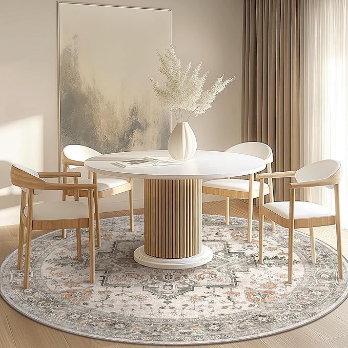 GENIMO 3FT Round Area Rugs for Living Room, Circle Rugs Machine Washable Low Pile, Chenille Non Slip Vintage Rug for Bedroom, Dining Room, Home Office, Light Taupe Brown