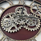 The B-Style Large Wall Clock 24 inch Moving Gear Wall Clock Oversized Vintage Farmhouse Wall Clocks for Living Room Decor Rustic Industrial Wood Clock (Cherry red and Bronze)