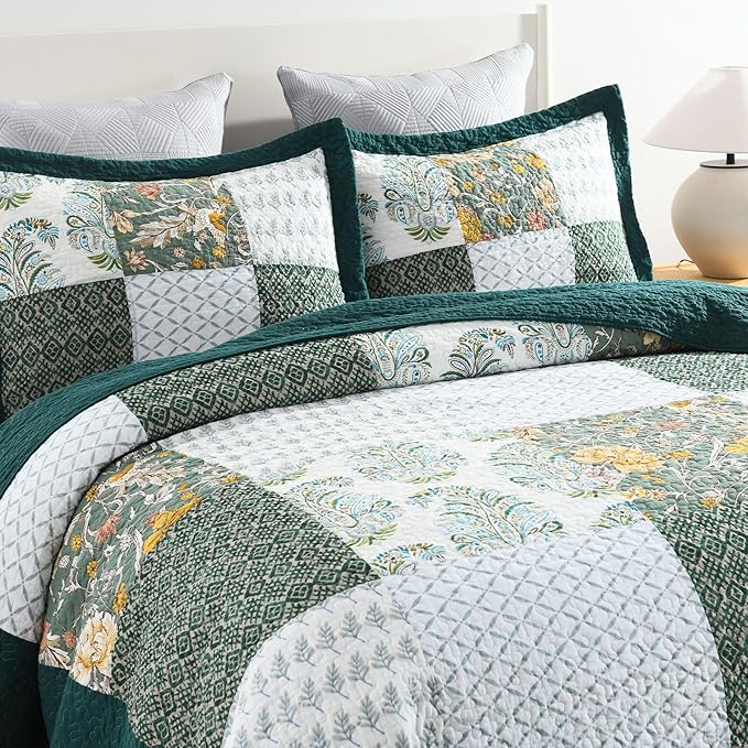 Secgo King Size Comforter Set- 100% Cotton Quilt King Size Set, Green, Emerald, bedspreads (98 * 106 Inch) with 2 Pillow Shams, Patchwork Reversible Lightweight Bedding