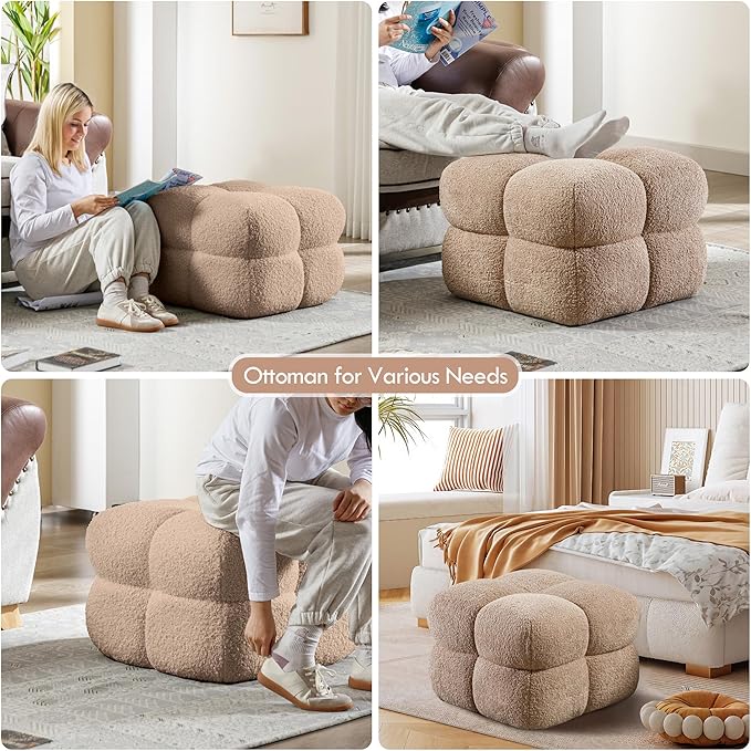 ONEVOG 21" Light Brown Funky Ottoman, Square Fuzzy Couch Sherpa Pouf Ottoman, Tufted Fluffy Boucle Fabric Foot Stools, Upholsered Footrest & Coffee Table for Living Room Bedroom, Cute Pouf Home Decor