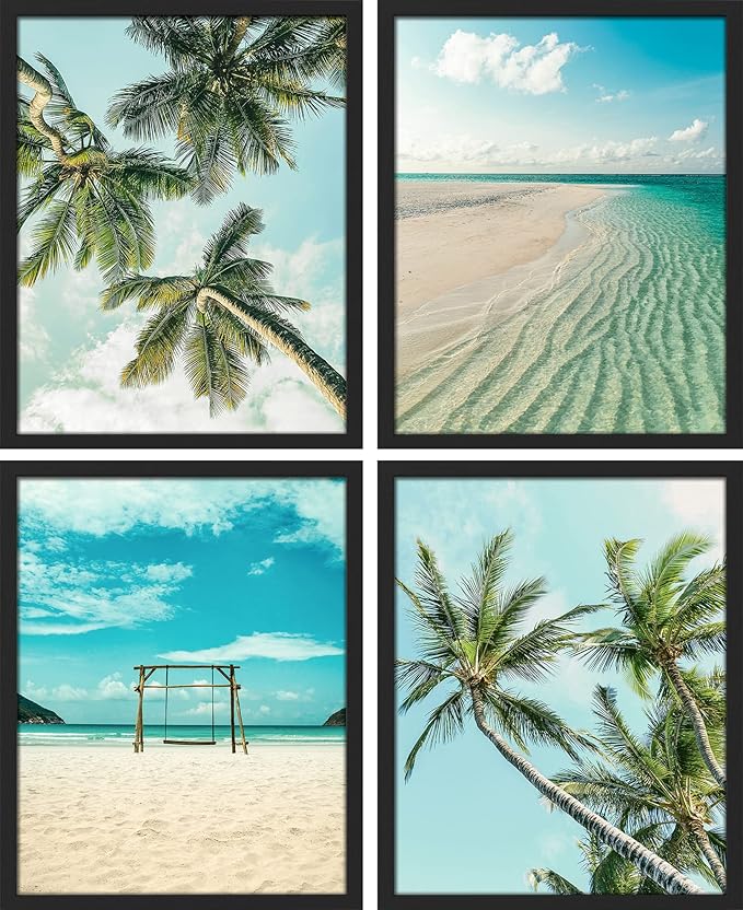 SIGNWIN Framed White Topical Teal Sky Palm Tree Beach Ocean Seaside Wall Art, Set of 4 Landscape Colorful Wall Decor Prints, Nature Wilderness Wall Décor for Living Room, Bedroom - 12"x16" Black