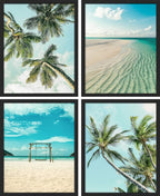SIGNWIN Framed White Topical Teal Sky Palm Tree Beach Ocean Seaside Wall Art, Set of 4 Landscape Colorful Wall Decor Prints, Nature Wilderness Wall Décor for Living Room, Bedroom - 12"x16" Black