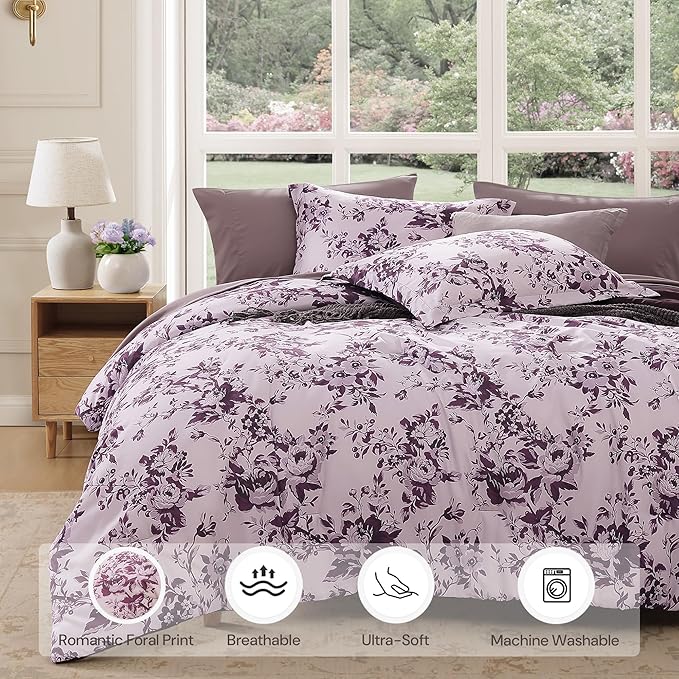 Full Comforter Set -7 Pieces Deep Purple Floral Comforter Set for All Seasons, Bed in a Bag Full with Botanical Flowers Comforter, Sheets, Pillowcases & Shams