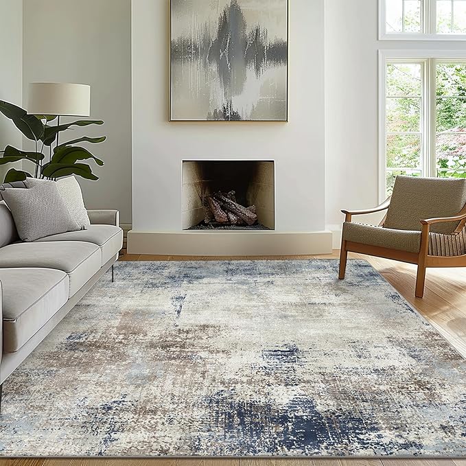 Area Rugs 8x10 Machine Washable Rug for Bedroom Living Room, Large Modern Abstract for Dining Room, Indoor Low Pile Carpet Soft Rugs with Non Slip Rubber Backing, Abstract Blue Gray