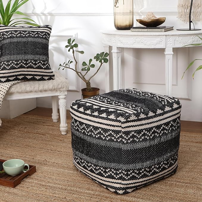 REDEARTH · Tufted Pouf Ottoman with Filler Textured Storage Cube Bean Bag Pouffe Footrest for Living Room, Bedroom, Nursery, Kidsroom; 100% Cotton (17.5"X17.5"X17.5", Ziggurat Obsession Black)