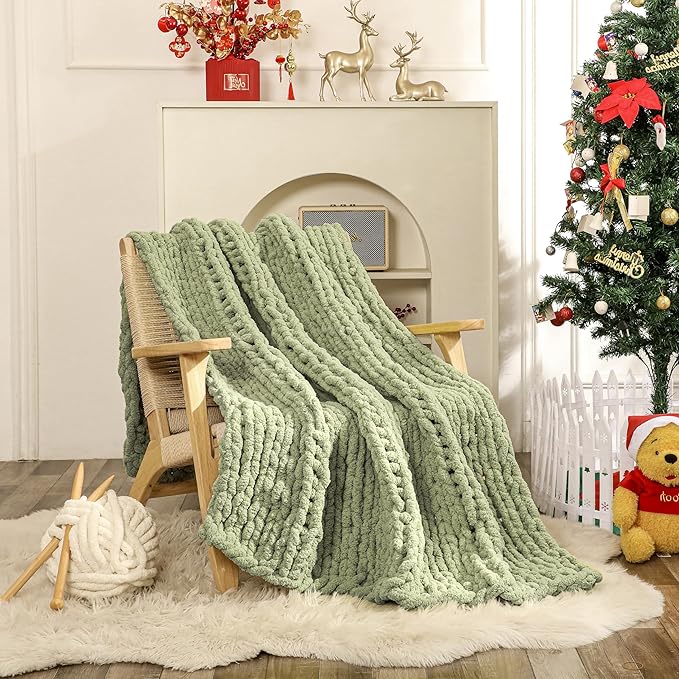 WESHIONGOO Chunky Knit Blanket Throw 50"×60" Knitted Throw Blankets for Couch Bed Fluffy Soft Blanket with Jumbo Chenille Yarn Thick 100% Handmade (Sage Green)