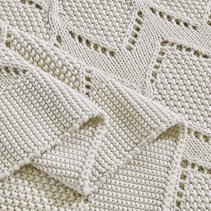 Longhui bedding Chunky Cotton Knit Throw Blanket for Couch, Sofa, Bed, or Chair, Decorative Breathable Fall Cable Knit Blanket 60 x 80 Inches, Large Medium Weight Beige