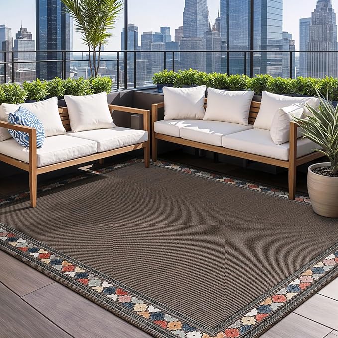 Beverly Rug Outdoor Rug 9x12 Modern Bordered Large Area Rugs for Indoor and Outdoor Patio Easy to Clean Non Shedding Living Room Porch Garden Washable Outside Carpet (9 x 12 Brown)