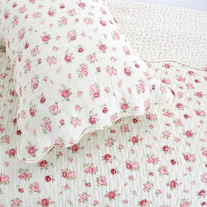Cozy Line Home Fashions Pink Rose Garden Floral 100% Cotton Reversible Coverlet Bedspread Quilt Bedding Set (Ivory Rose, King - 3 Piece)