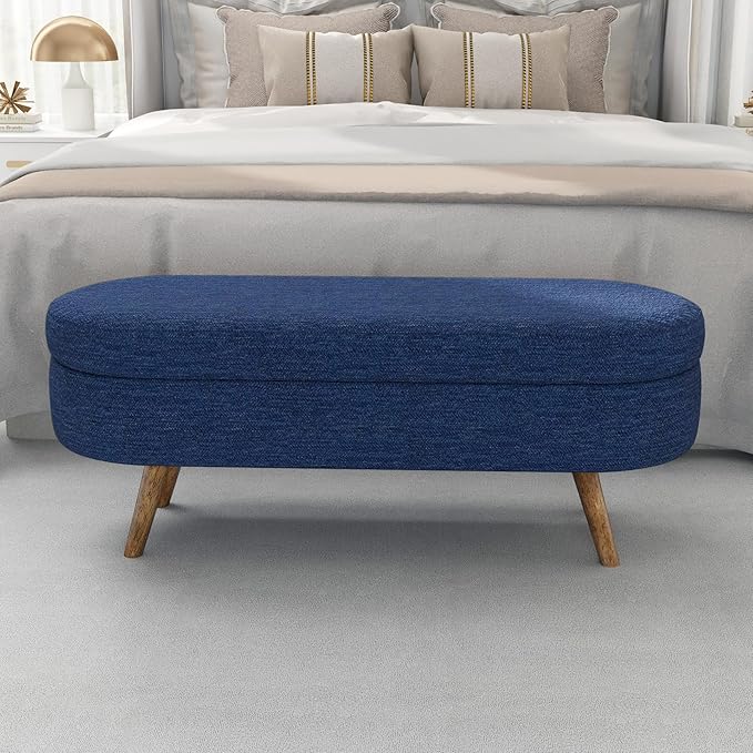 Oval Storage Bench 43.5" Linen Fabric Upholstered Entryway Bench with Solid Wood Legs Ottoman Bench Indoor Bench for Living Room/Bedroom/End of Bed/Entryway (Dark Blue)