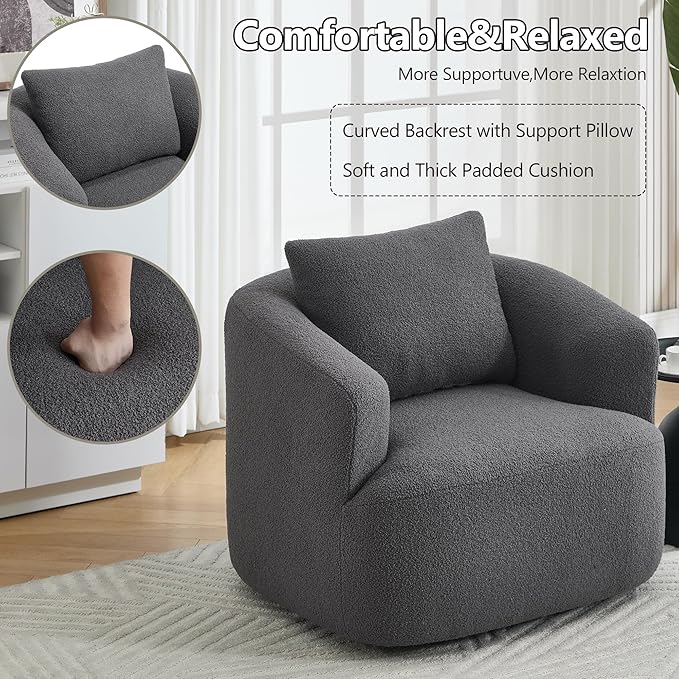 Swivel Accent Chair,360° Rotating Barrel Chair,Teddy Fleece High-Resilience Sponge Single Sofa, Easy Assembly for Living Room, Bedroom, Apartment Dark Grey