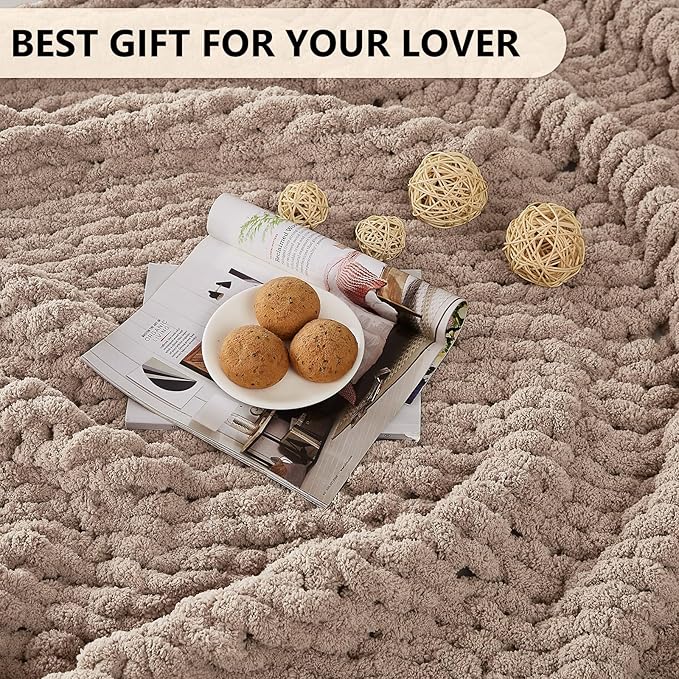 L'AGRATY Chunky Knit Blanket Throw: 60''x80'' Chenille Chunky Knitted Throw Blanket for Bed Couch - Handmade Thick Big Cable Knit Blanket - Large Crochet Rope Blanket for Home Decor(Light Taupe)