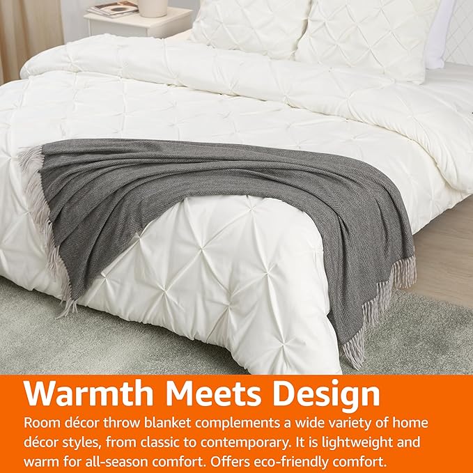 Amazon Basics Cozy Room Décor Throw Blanket, Lightweight, Recycled Polyester, Dark Gray and Light Gray Herringbone, 50"x 60"