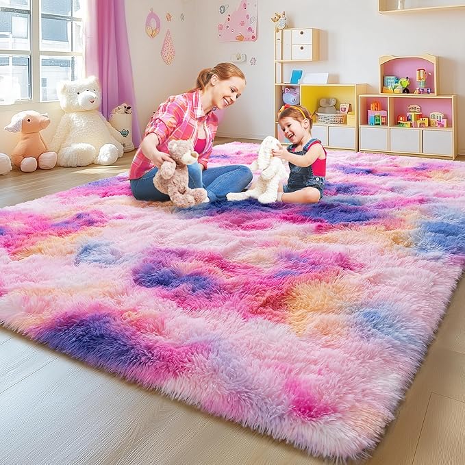 9x12 Large Area Rugs for Living Room, Ultra Fluffy Plush Rug for Living Room Bedroom, Thick Fluffy Carpet for Girls Boys Kids Room, Non Slip Dorm Rug for Home Decor Aesthetic, Dark Rainbow