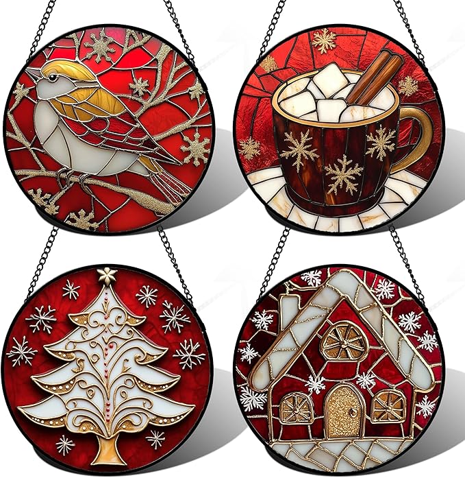 Stained Glass Window Hanging 4 Pcs Set Red Christmas Themed Decorations 9.8" - Suncatcher Door Garden Sun Catcher Decor Birthday New Year for Mom Woman Nana Men