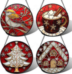 Stained Glass Window Hanging 4 Pcs Set Red Christmas Themed Decorations 6.3" - Suncatcher Door Garden Sun Catcher Decor Birthday New Year for Mom Woman Nana Men