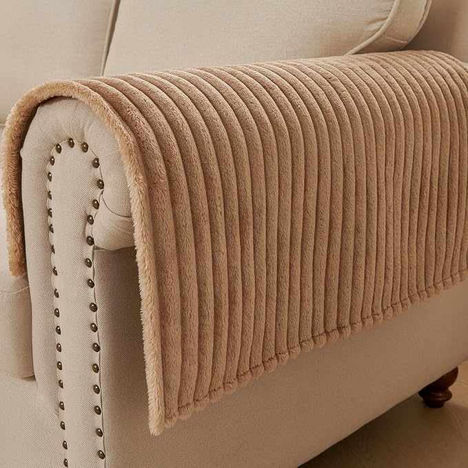 HAOMAIJIA Non-Slip Couch Armrest Covers for Sofa,Fuzzy Couch Arm Covers Set of 2,Washable Thick Soft Recliner Chair Arm Cover Protectors (Khaki, 23" x 23" 2 Pack)