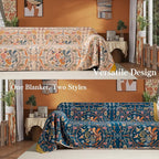 Boho Throw Blanket Twin Size, Soft Cozy Cotton Muslin Quilt Blanket for Bed Decor, Floral Patterned Couch Sofa Chair Cover, Vintage Farmhouse Cottage Tapestry Woven Blanket, Yellow&Blue