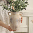 Farmhouse Ceramic Vase with Handle,9.7 inch Handcrafted Vintage Terracotta Pottery Vases for Shelf Decor, Coffee Table Styling, or Bedroom Accent