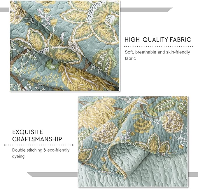 Travan 3-Piece Quilt Set Quilted Bedspread Cotton Coverlet Set Floral Printed Oversized Quilted Bedding Set with Shams for All Season, Green Vine, King Size