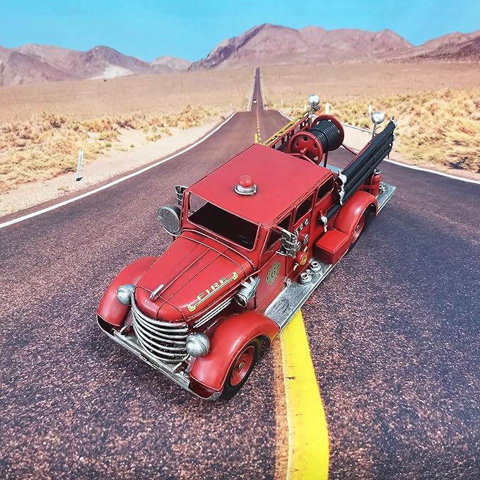 Retro Fire Truck Diecast Model - Metal Miniature Vehicles, Large Fire Fighting Truck Decor, 16.4'' Long